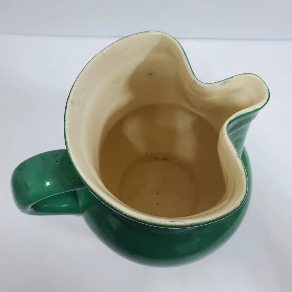 VTG Erphila Art Pottery Pitcher‎ Green Ceramic Czechoslovakia 7 in Tall See Flaw